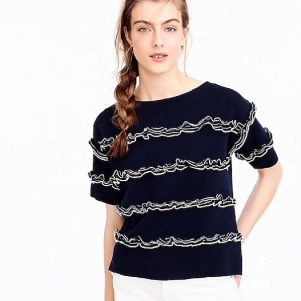 J. Crew Navy White Ruffle Boatneck sweater S M